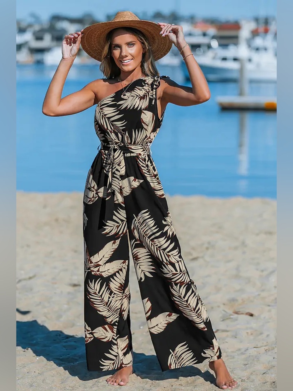 `New Cupshe Midnight Tropics One Shoulder Wide Leg Jumpsuit Size Small $34